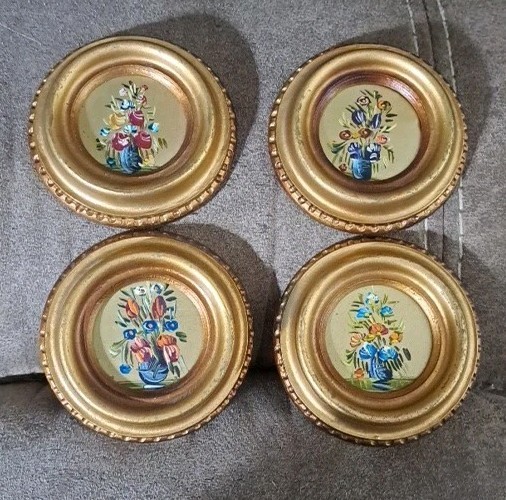 Vintage Gilded Frame Floral Miniature Paintings Italy