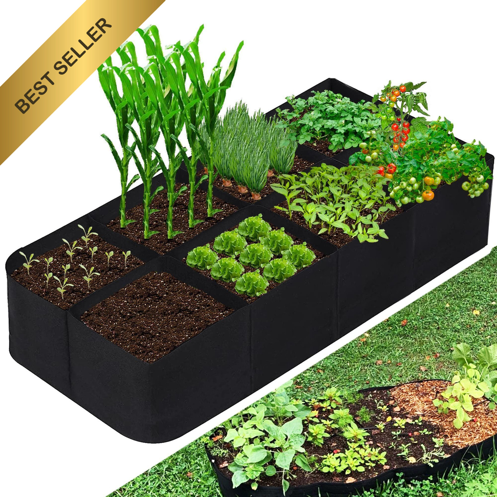 CJGQ Fabric Raised Garden Bed, 128 Gallon 8 1 Pack 8Grids 3x6 ft, Rectangular