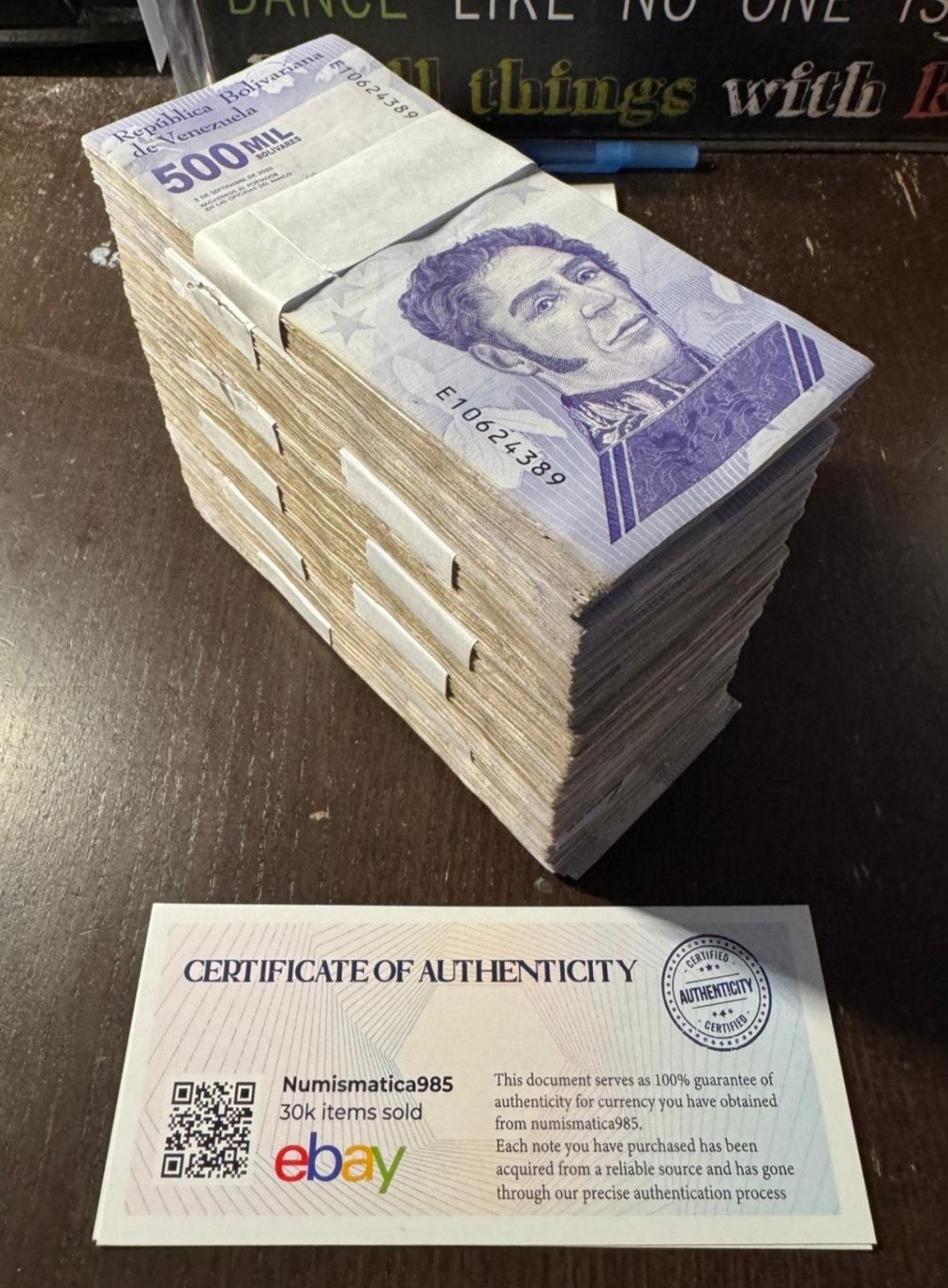 100 pcs x Venezuela 500000-500,000 Bolivares- CIRCULATED  W/COA
