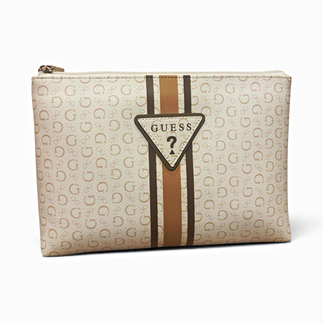 GUESS Beige/Brown Logo Zipper Makeup Bag Zip Pouch with Stripe Detail