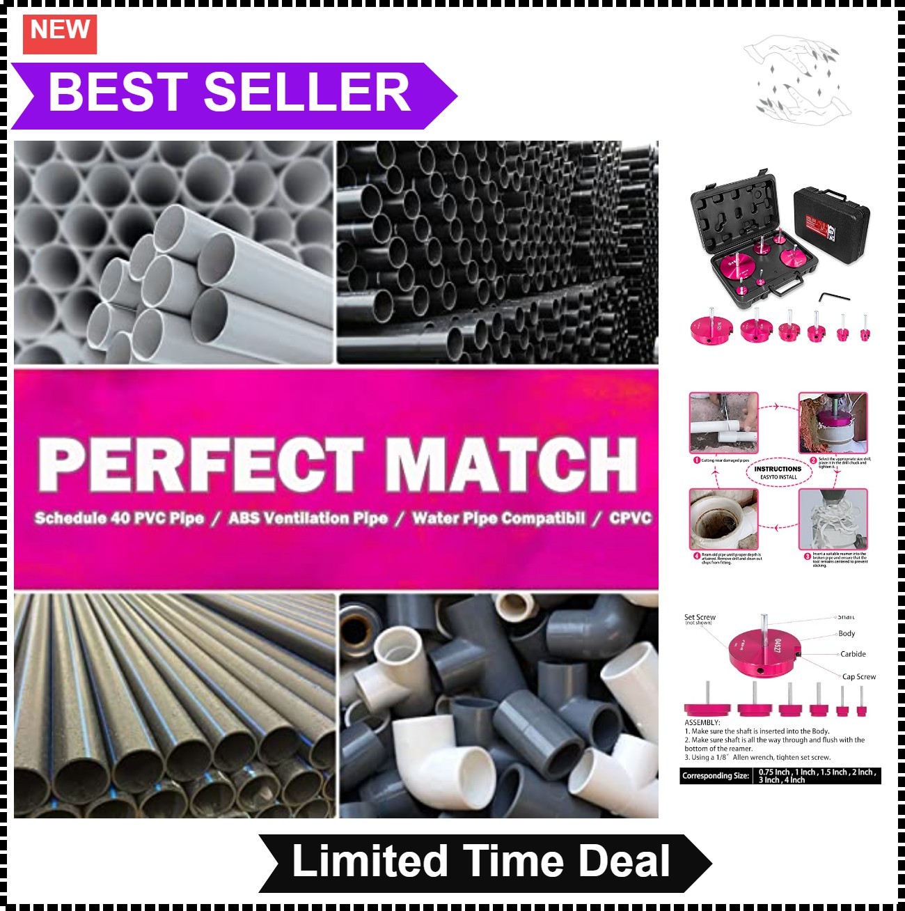PVC Pipe Reamer Kit 6 Piece 0.75 to 4 Inch Carbide Inserts Fits 1/2 Inch Drill