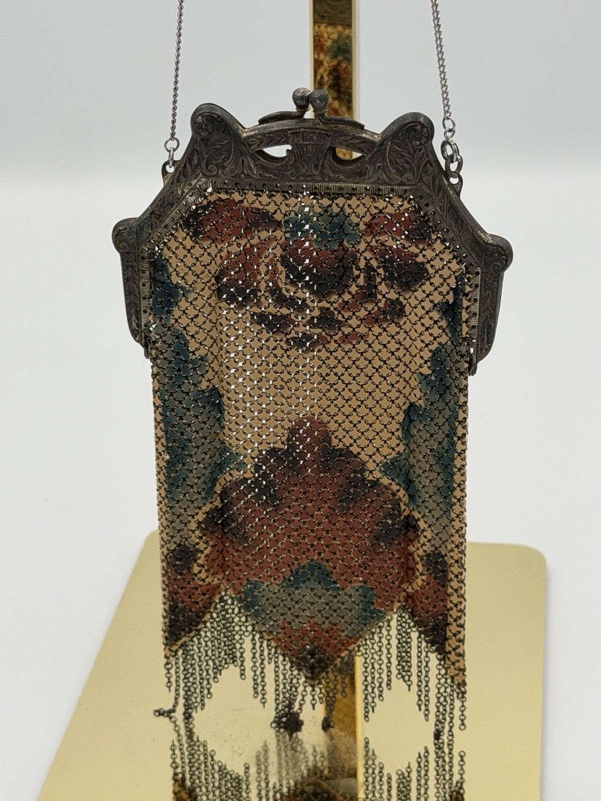 Antique Mandalian Mfg Co Enameled Mesh Purse Floral Fringe Art Deco Bag.