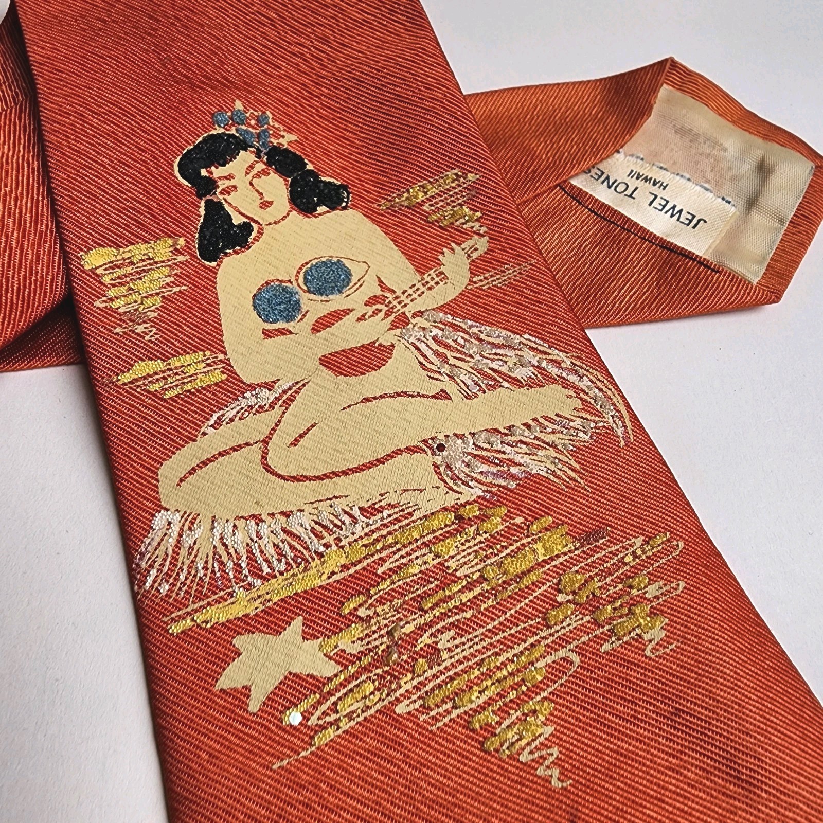 Vtg 50s Neck Tie Silk Aloha Hula Girl Kitsch Hawaii Handpainted MCM RARE