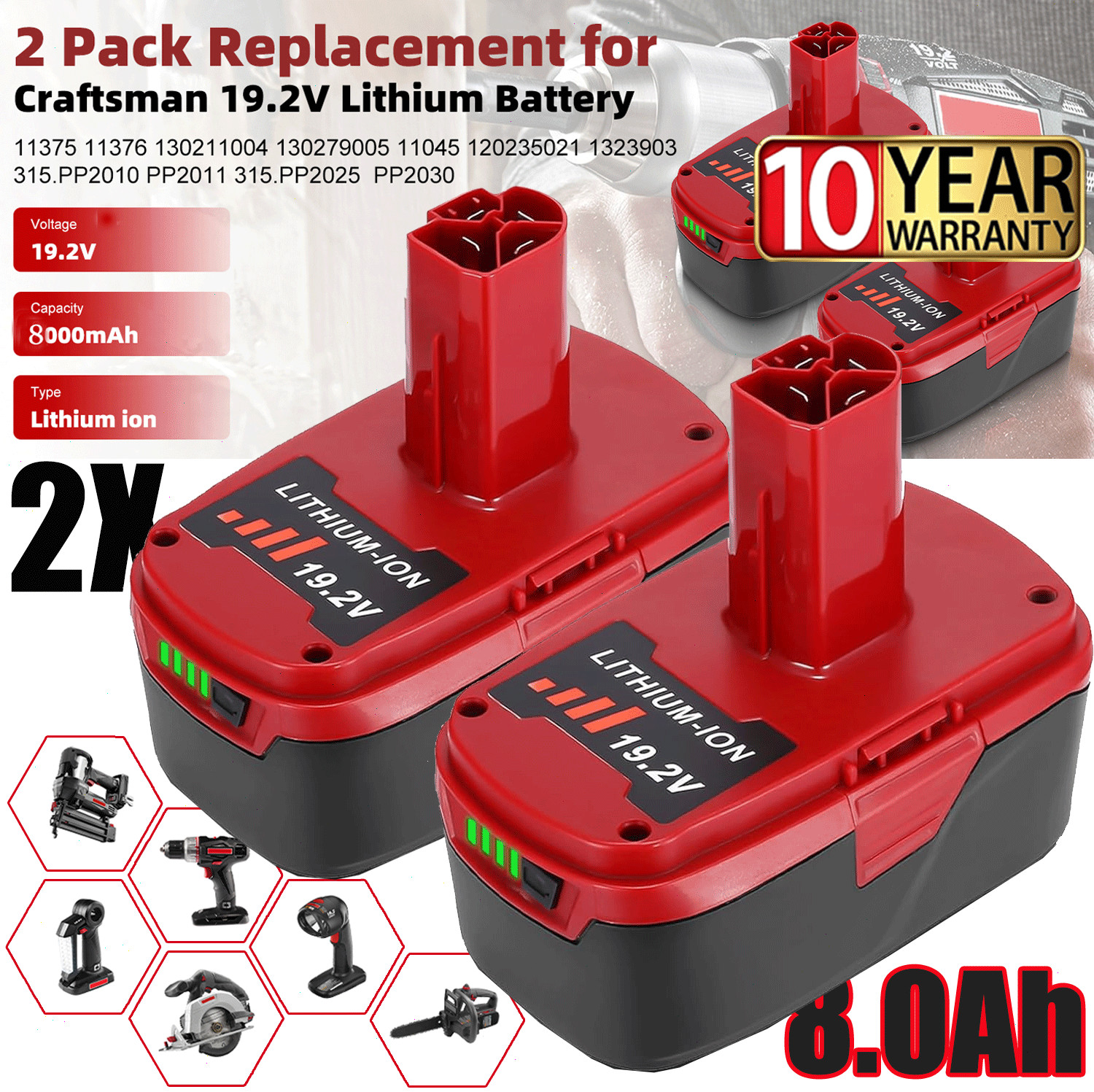 2packs 19.2Volt max 8.0Ah For Craftsman C3 DieHard Lithium-ion XCP Battery 11375