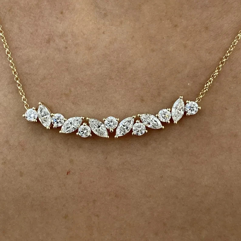 14K Yellow Gold  Round & Marquise Cut Natural Diamond Necklace Pendant 18\