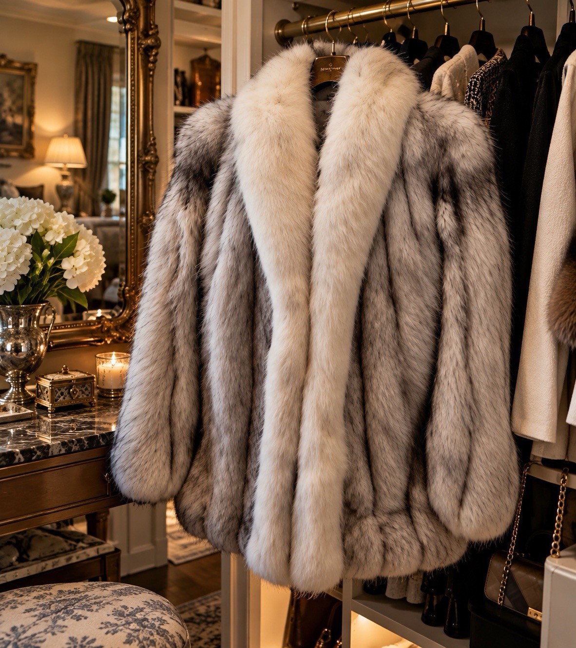 Luxurious Vintage Real Blue Fox Fur Coat - Silver Gray White - Womens M/L