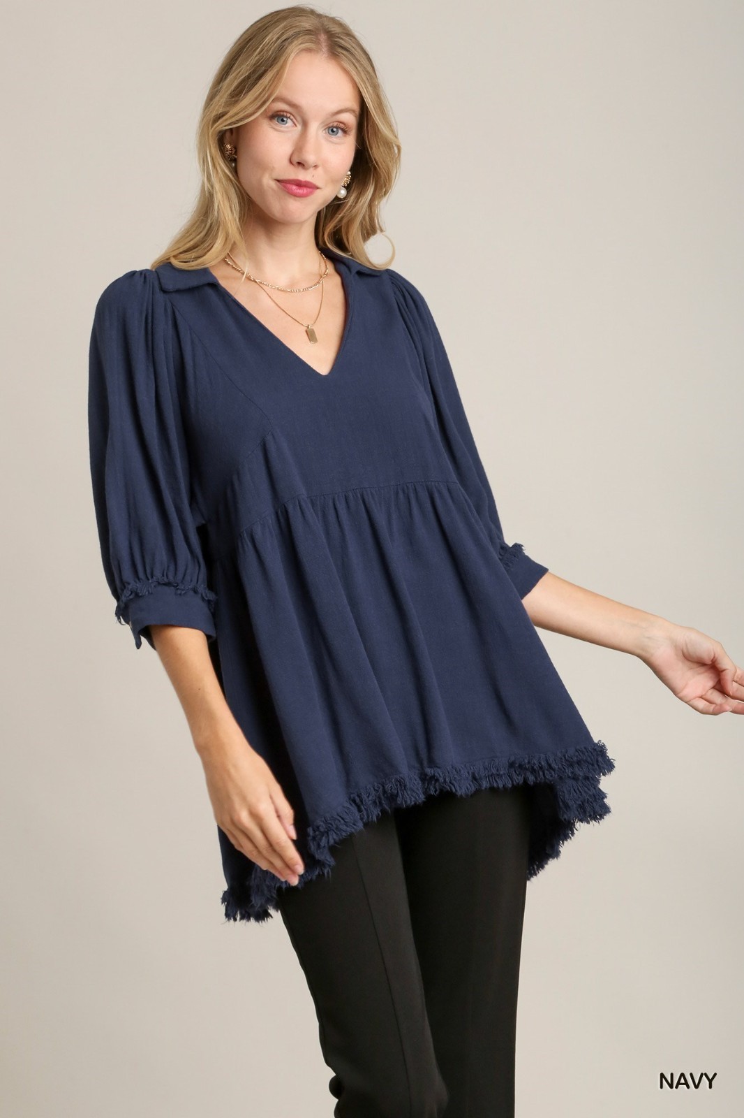 Umgee Navy Linen Blend Collared Top, Empire Waist & Short Puff Sleeves Blouse Umgee Navy Linen Blend Collared Top, Empire Waist & Short Puff Sleeves Blouse