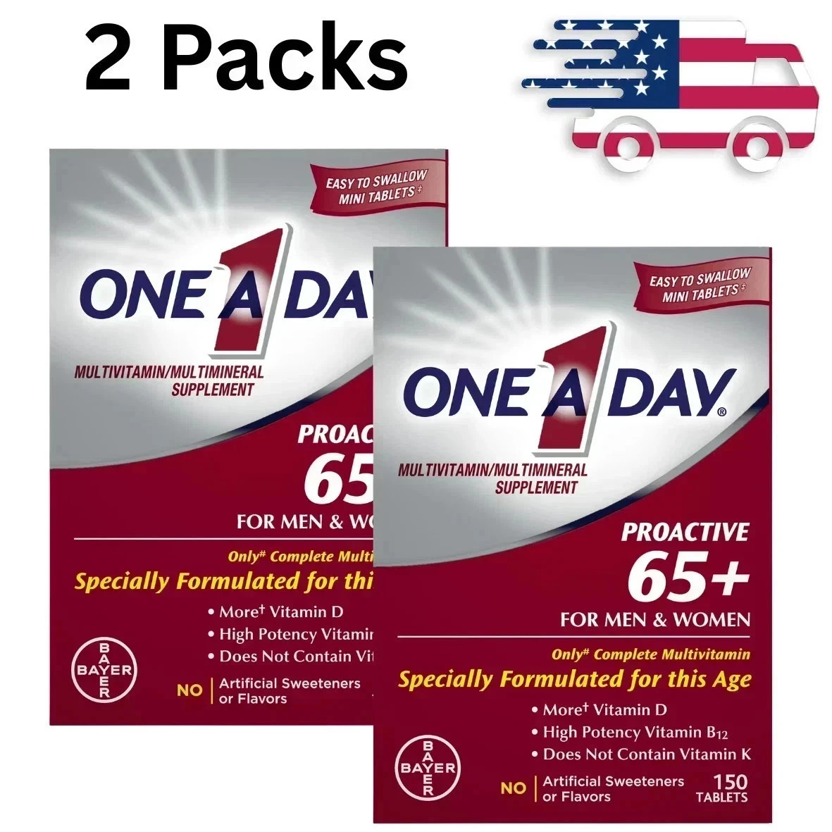 2 Packs - One A Day Proactive 65+ Multivitamin Tablets for Men and Women, 150ct
