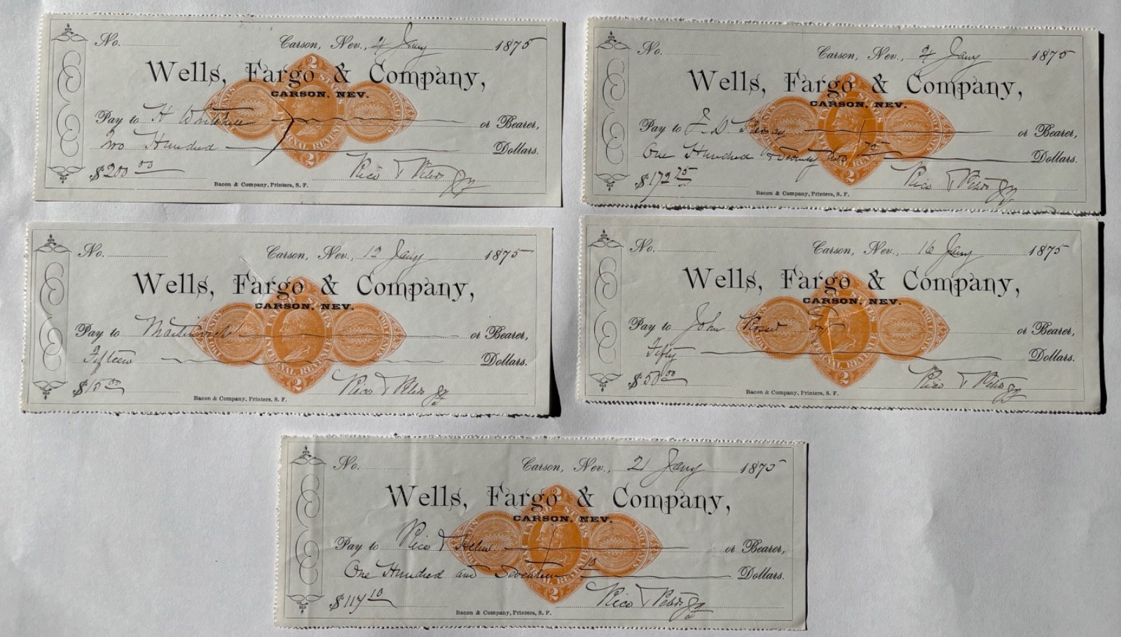 (5) 1875 Antique Wells Fargo Carson City Nevada NV Check Checks RN Revenue Stamp (5) 1875 Antique Wells Fargo Carson City Nevada NV Check Checks RN Revenue Stamp