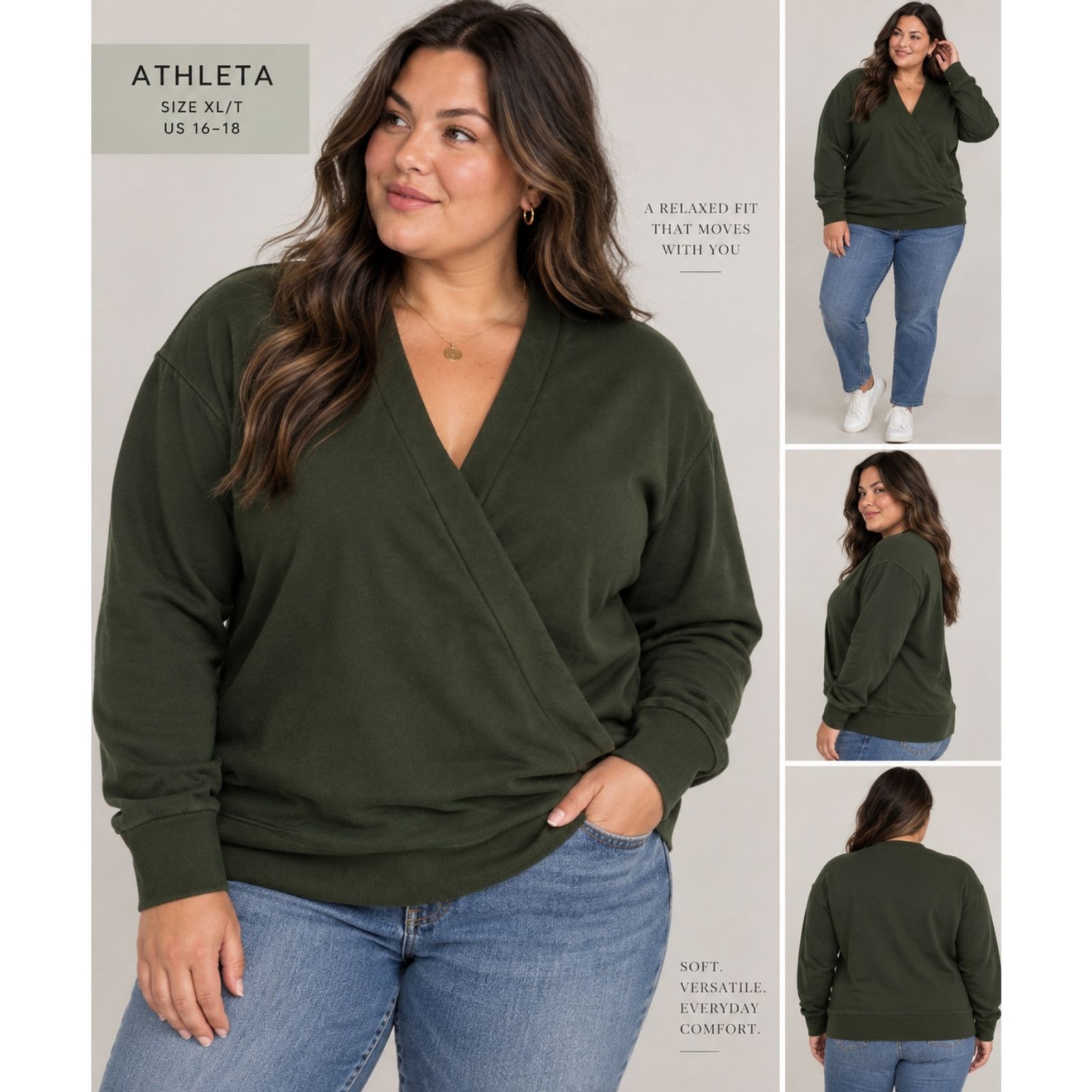 Athleta Purana Wrap Sweatshirt Olive Green XL V-Neck