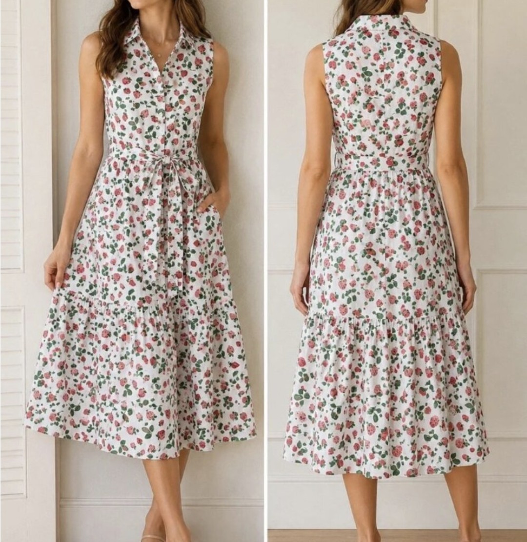 J.Crew Factory Strawberry Shirt Dress, Size 14, Tiered Midi