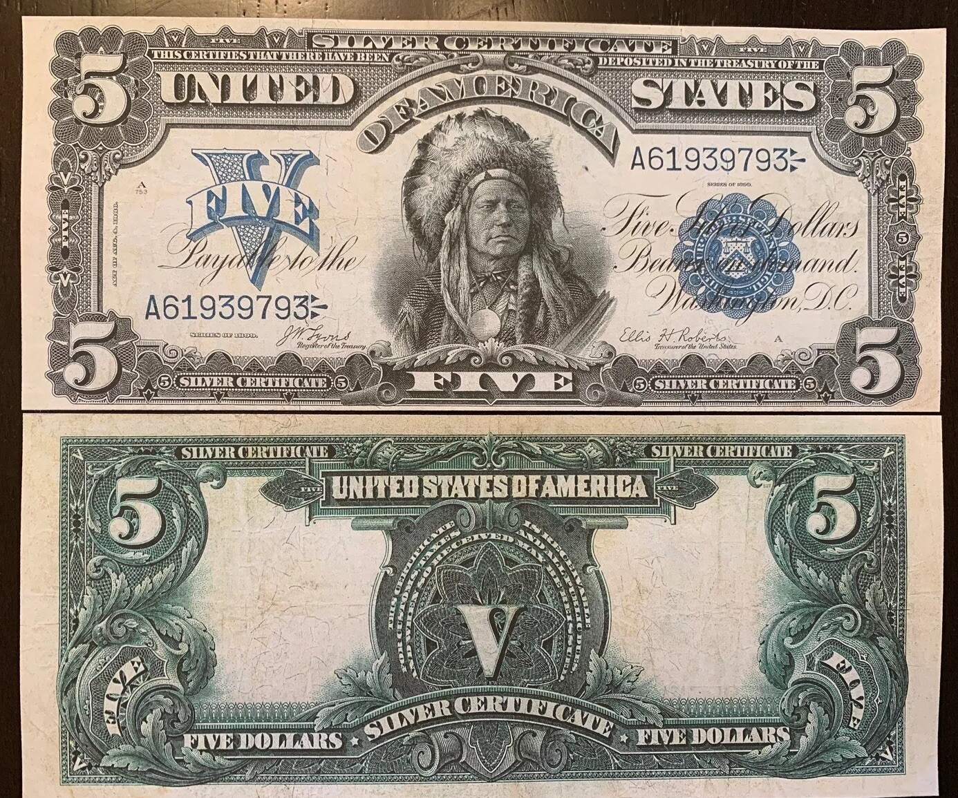 Reproduction 1899 USA $5 Bill Silver Certificate Indian Chief Copy Read Below