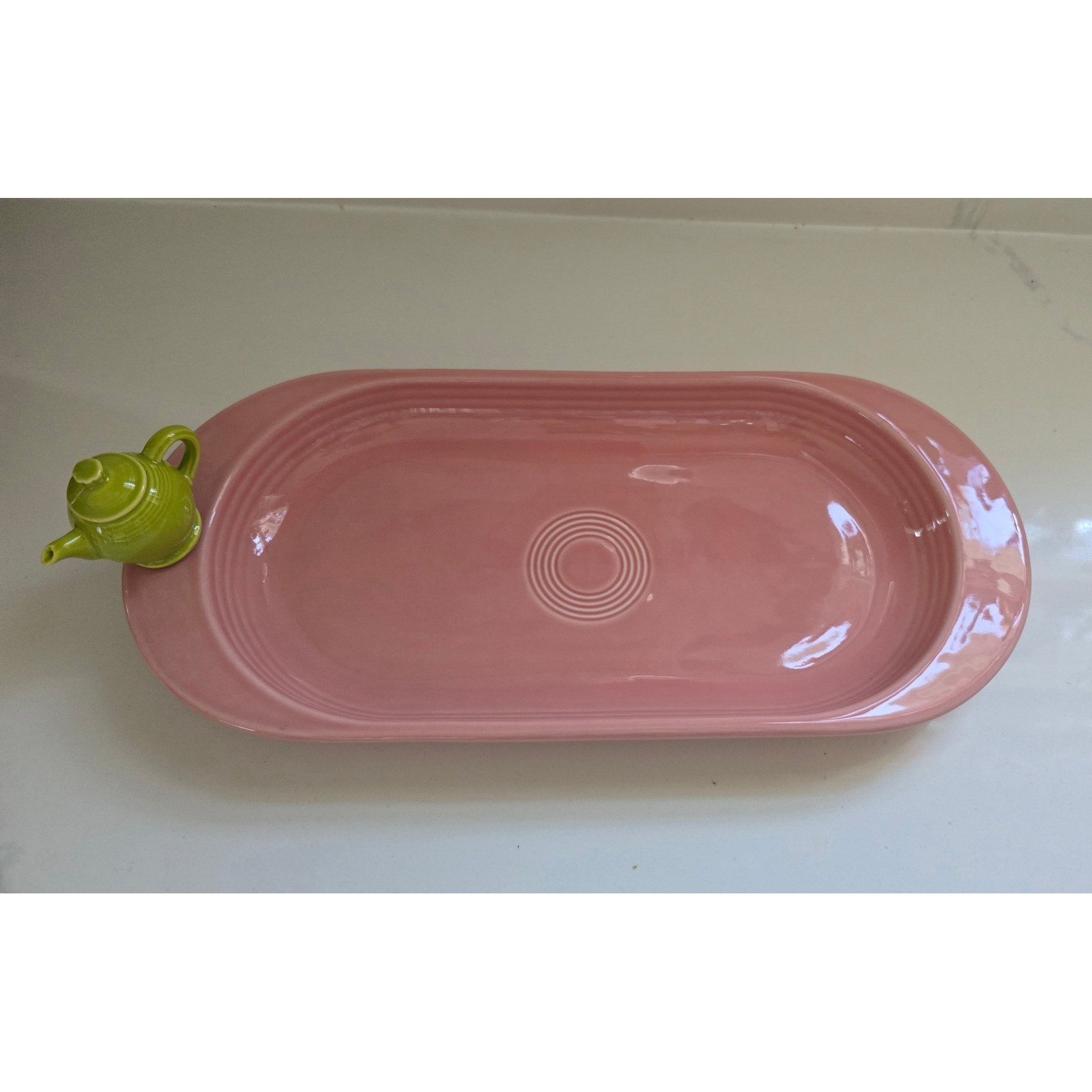 Fiesta Nora Fleming Peony Pink Bread Tray with Green Teapot Mini 1540 347 NEW