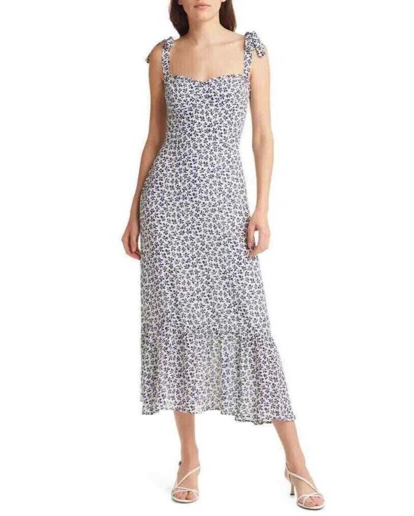 Reformation Nikita White Blue Floral Smocked Ruffle Strap Midi Sundress Size 8 Reformation Nikita White Blue Floral Smocked Ruffle Strap Midi Sundress Size 8