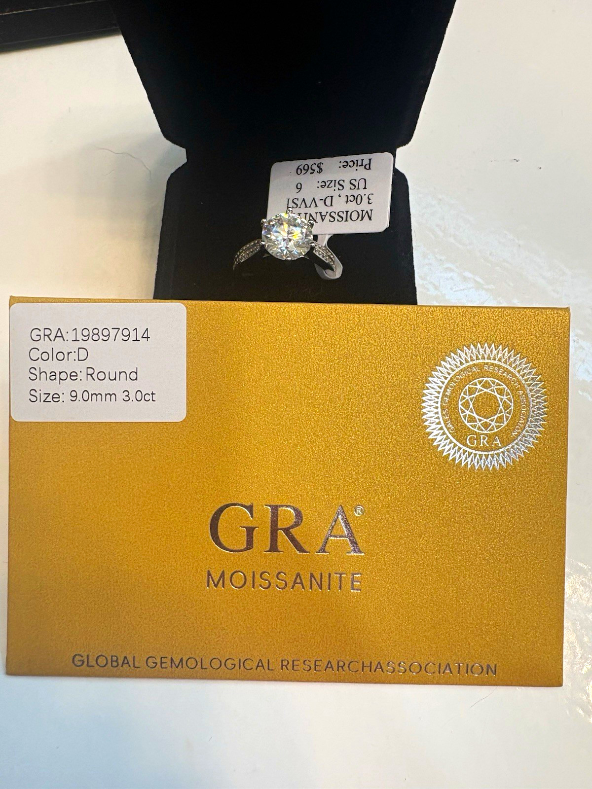 GRA Certified Round Moissanite Ring 3.0 ctw 9mm 14k White Gold Sz 6