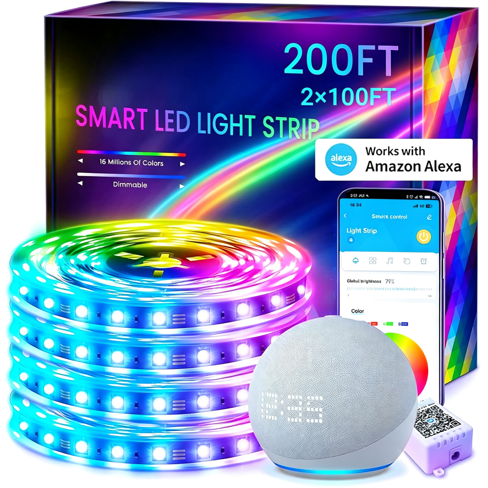 200 Ft LED Strip Lights Smart App Remote RGB Color Changing 2 Roll 100F