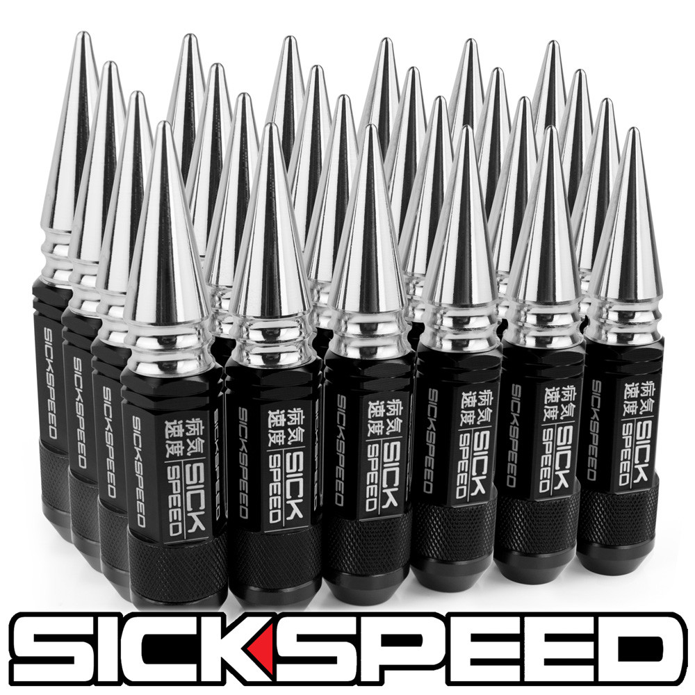 SICKSPEED 24 PC BLACK / CHROME SPIKED ALUMINUM 108MM 3 PC LUG NUTS 12X1.5 L18