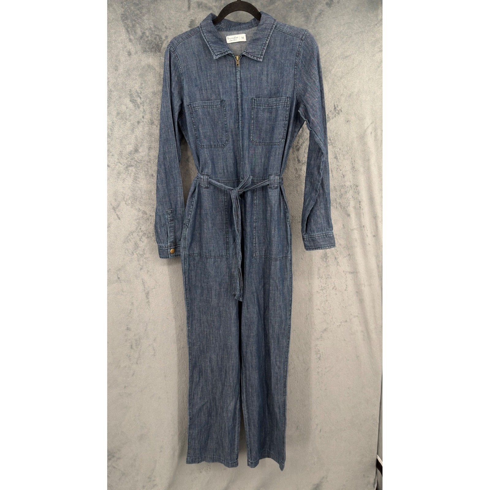Love Fire Jumpsuit Womens Size M Blue Denim Utility Belted Straight Leg Blue Love Fire Jumpsuit Womens Size M Blue Denim Utility Belted Straight Leg Blue