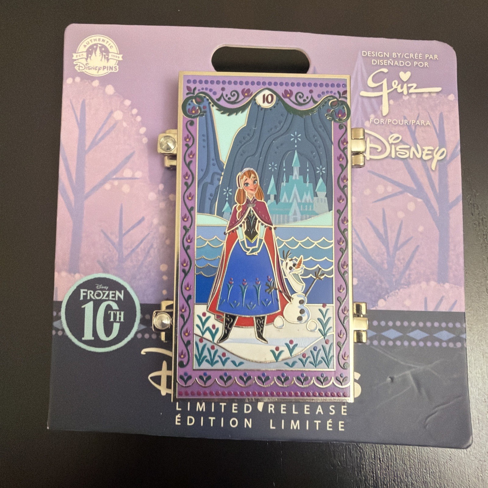 HTF  Disney Frozen Hinged Pin  Elsa Anna Olaf 10th  Anniv Designed by Cree Par
