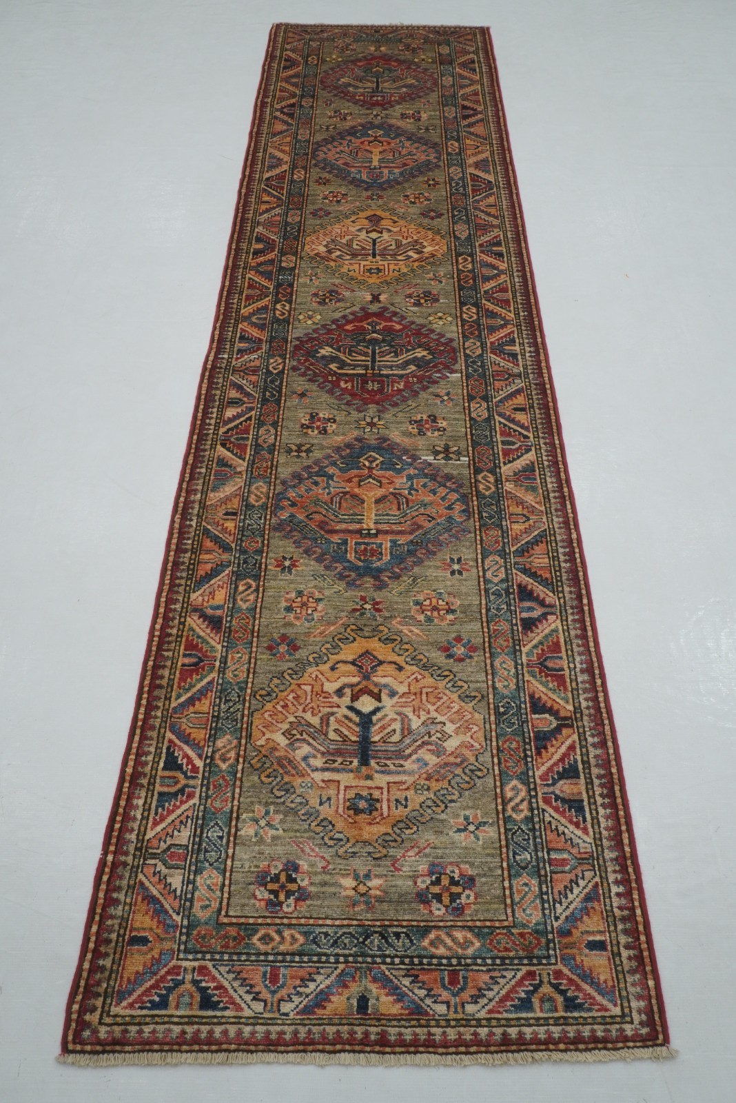 3x11 ft Gray Kazak Afghan Hand knotted Wool Runner Rug 3x11 ft Gray Kazak Afghan Hand knotted Wool Runner Rug
