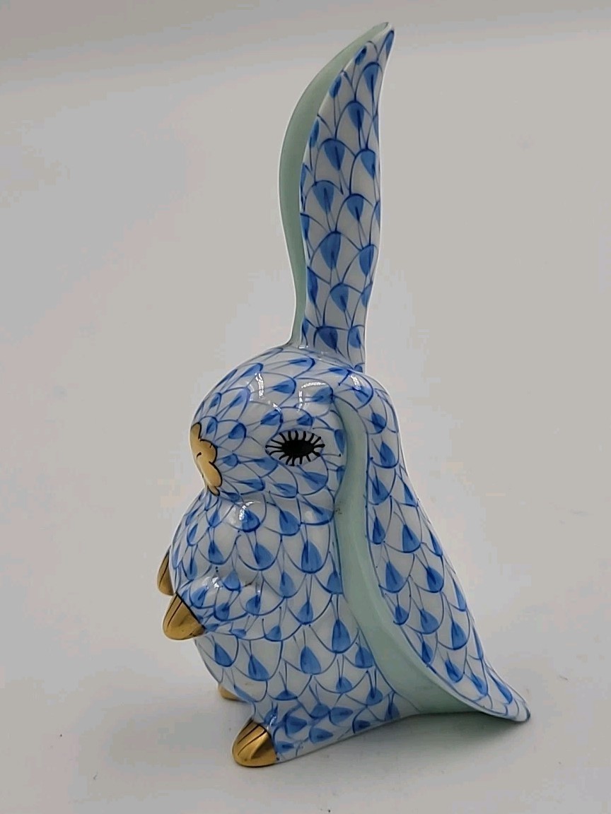 Herend Blue Fishnet Hand Painted Porcelain Bunny with One Ear Up. 4\ Herend Blue Fishnet Hand Painted Porcelain Bunny with One Ear Up. 4\