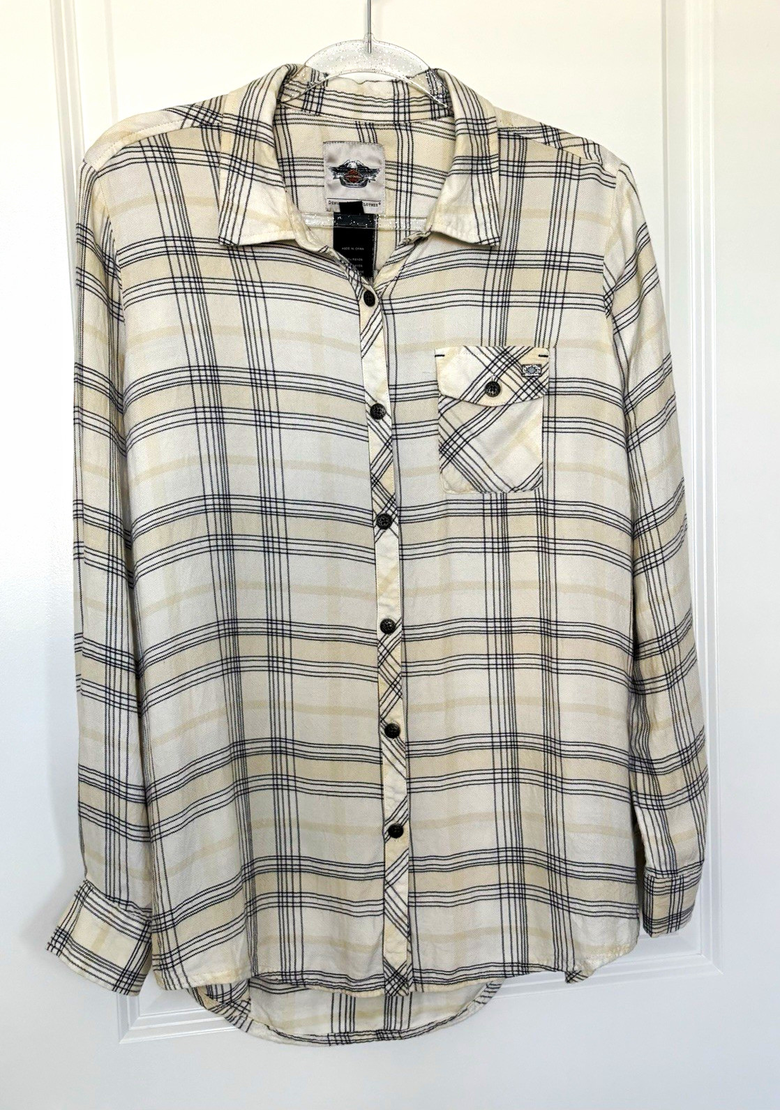 Harley-Davidson Women’s Lg Plaid Rayon Long Sleeve Button-Up Shirt Beige 96128