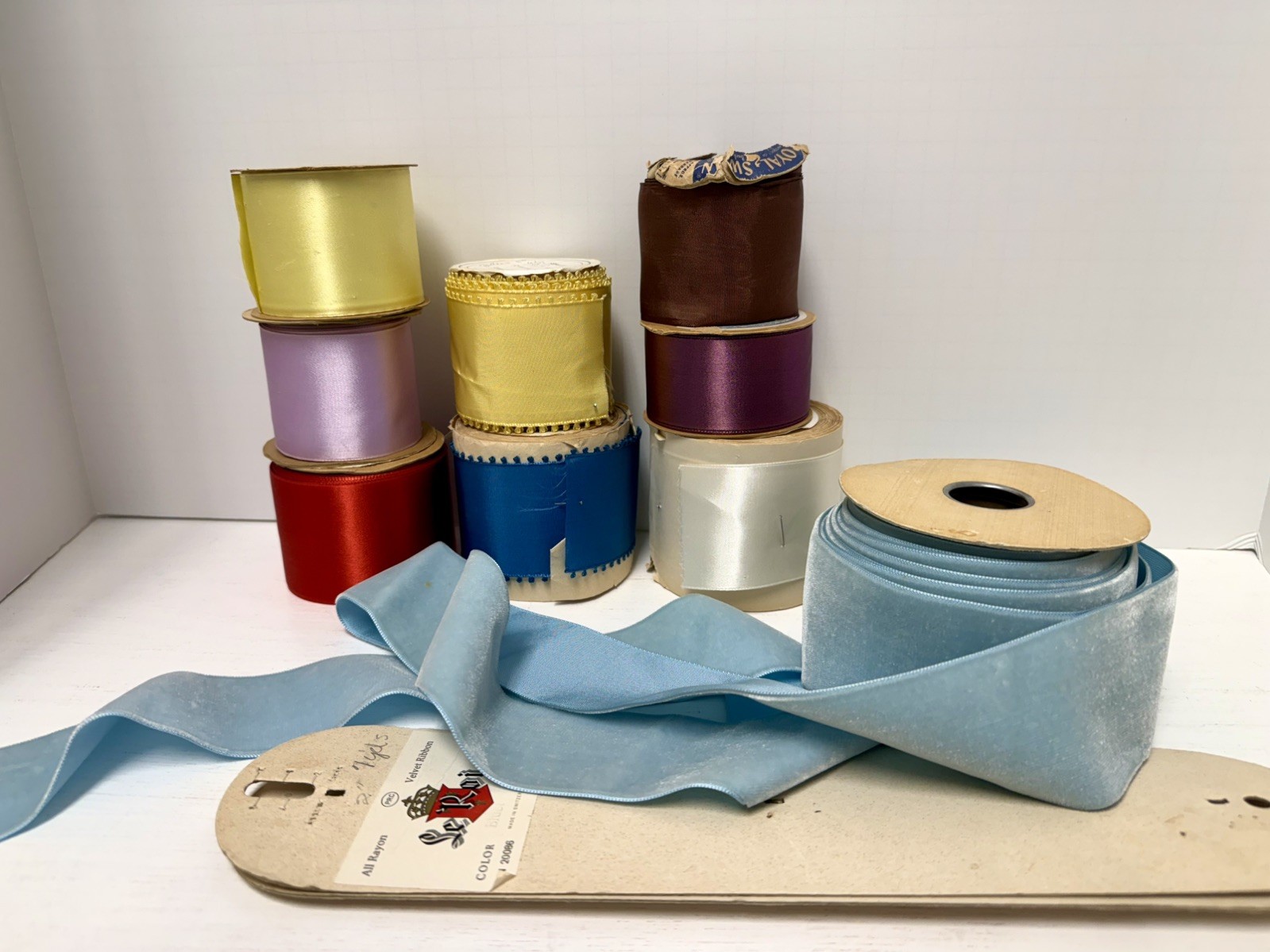 Vintage Lot 9 Bolts of Rayon Satin & Velvet Ribbon Old Store Stock 1930s-50s Vintage Lot 9 Bolts of Rayon Satin & Velvet Ribbon Old Store Stock 1930s-50s