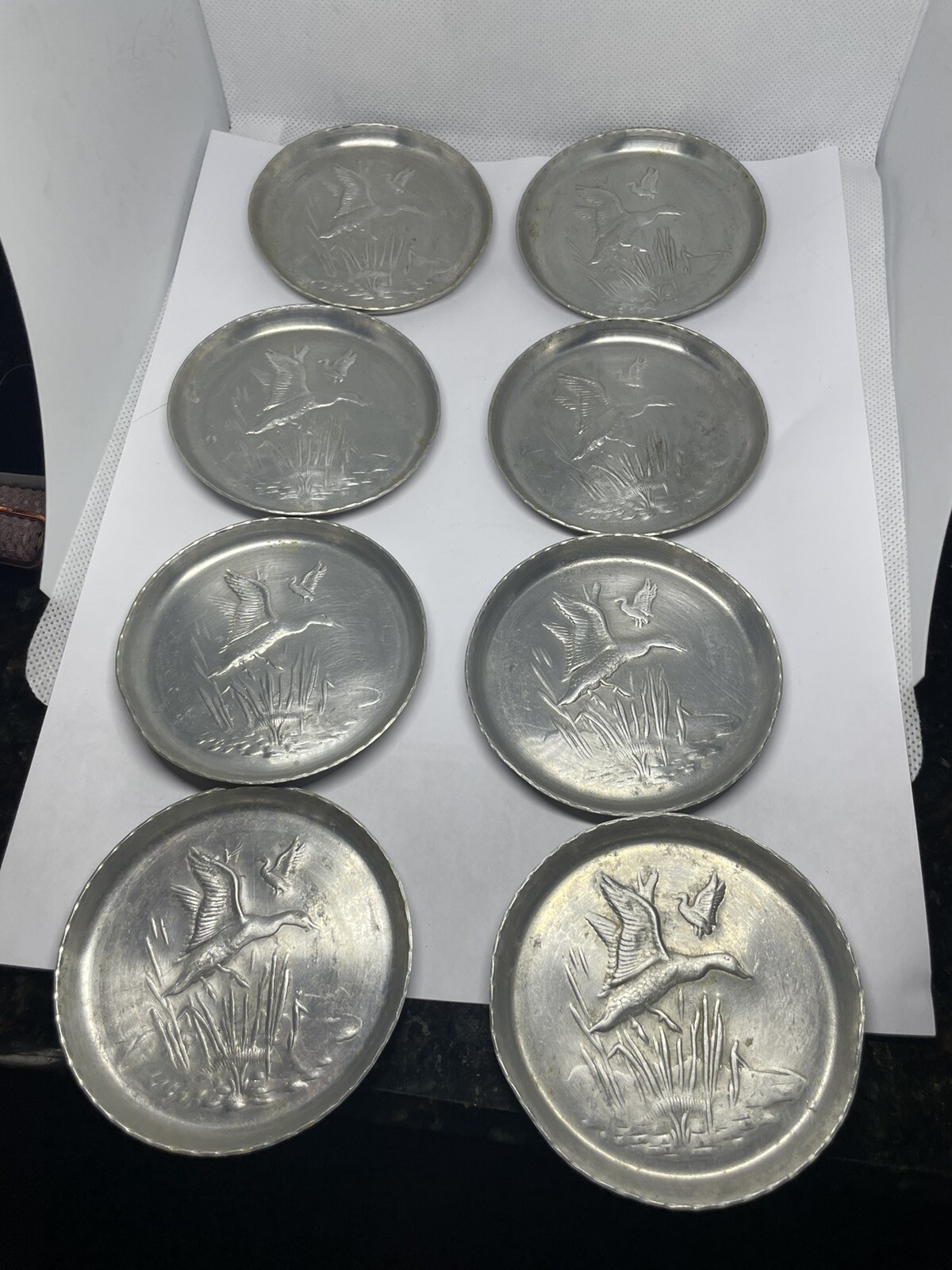 Vintage Aluminum Coasters Ducks Set of 8 - Mid Century Metal Retro Barware