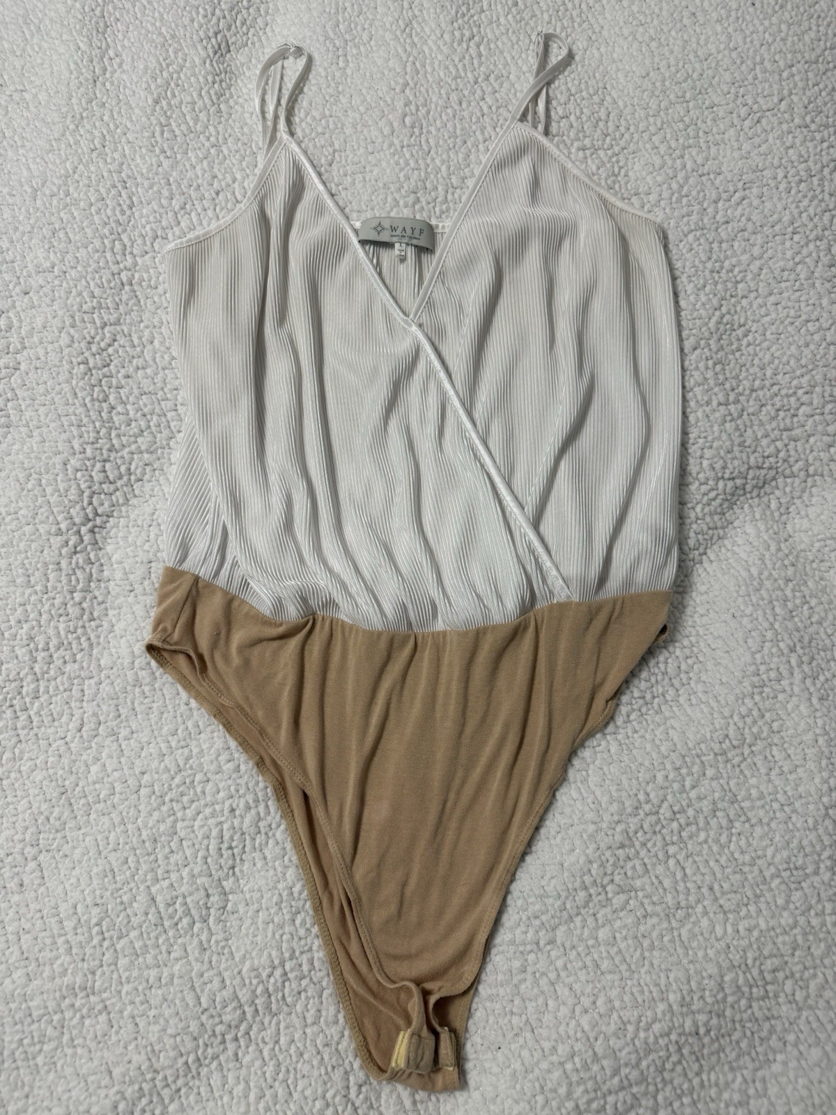 WAYF Women’s L Bodysuit Cream Tan Pleated Surplice Wrap Adjustable Straps