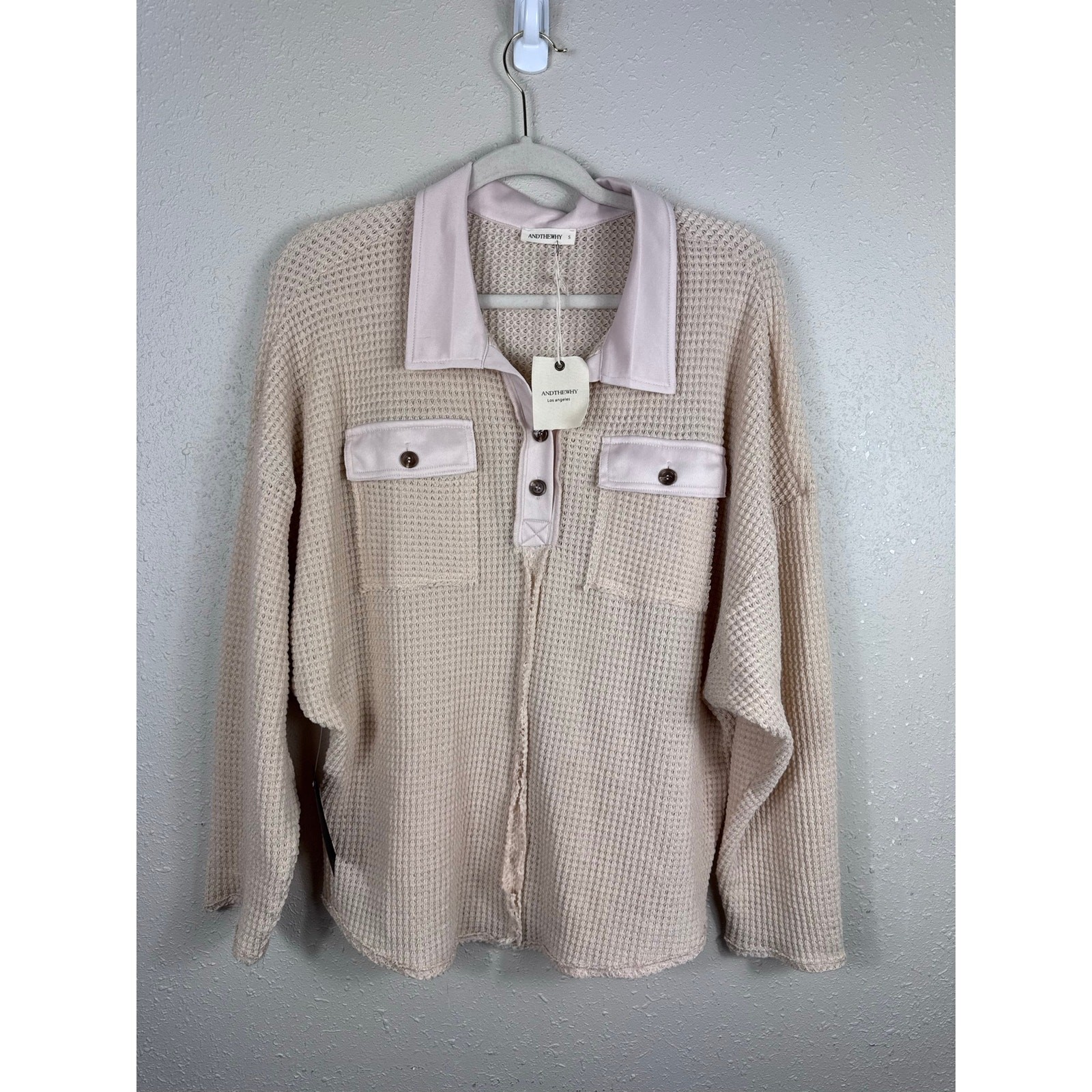 NWT ANDTHEWHY Beige Waffle knit top Womens Size Small (oversized)