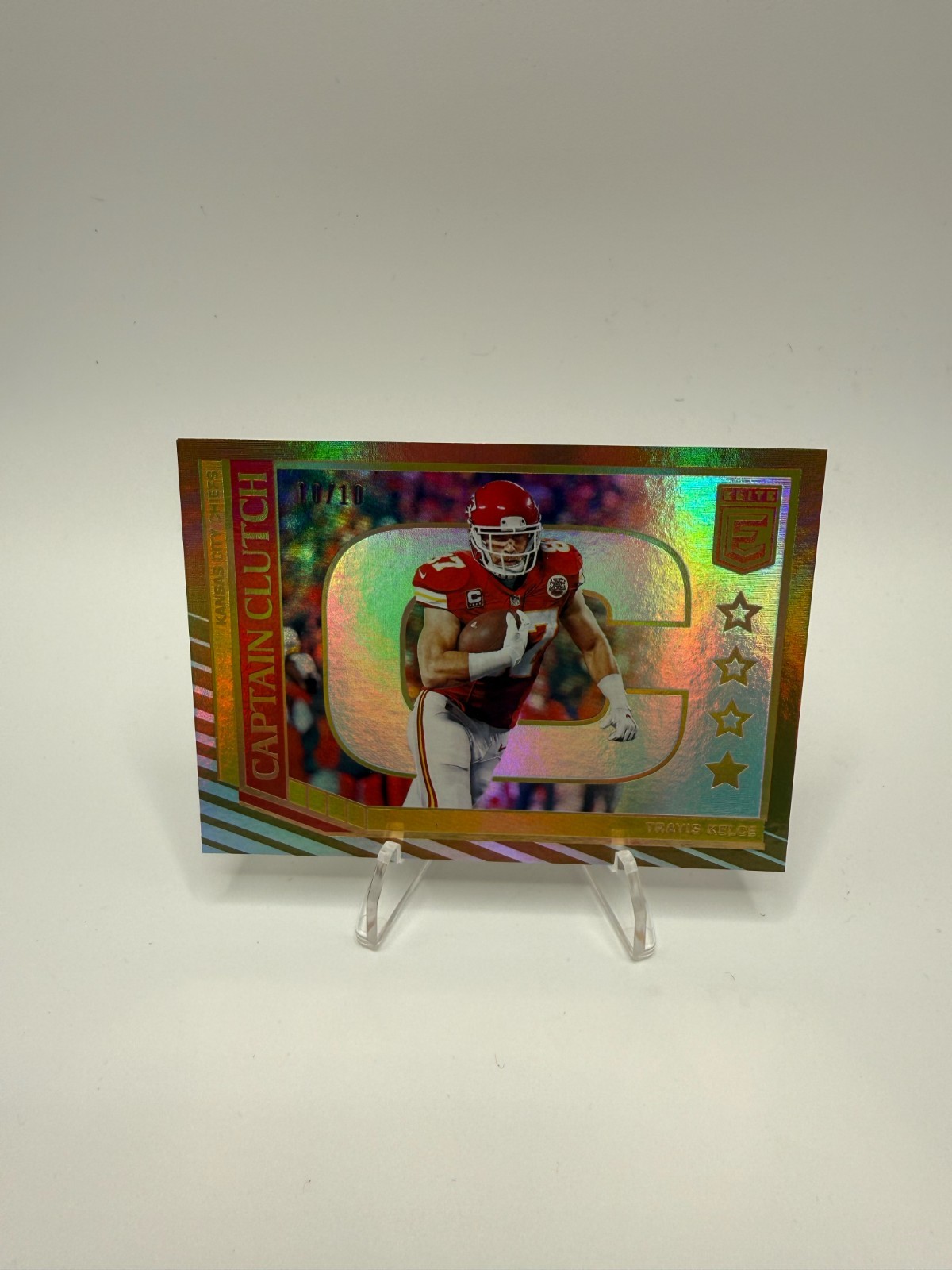 2018 Donruss Elite Captain Clutch Gold Travis Kelce 10/10 CC-12 Chiefs SP 2018 Donruss Elite Captain Clutch Gold Travis Kelce 10/10 CC-12 Chiefs SP