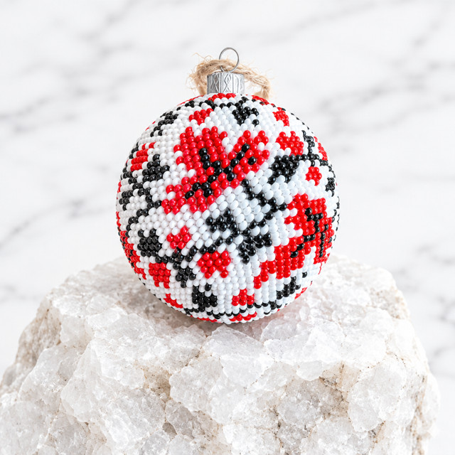 Handmade One-of-a-Kind Beaded Christmas Ornament Red White Black Exclusive