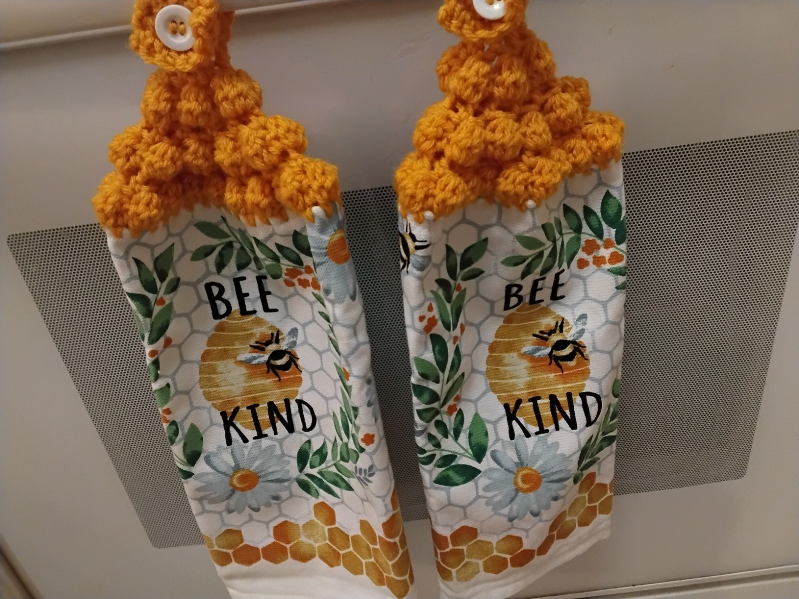 Bee Kind Hanging Kitchen Dish Towels Crochet Tops Towel Set Handmade Gold Honey