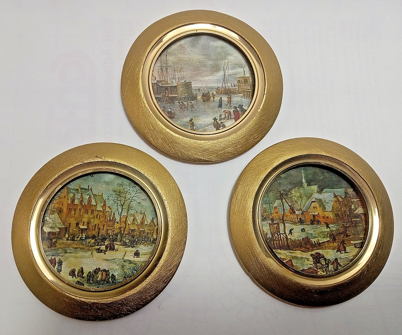 Set of 3 Miniature Woven Silk Pictures Round Gold Frames Dutch Winter Scenes Art