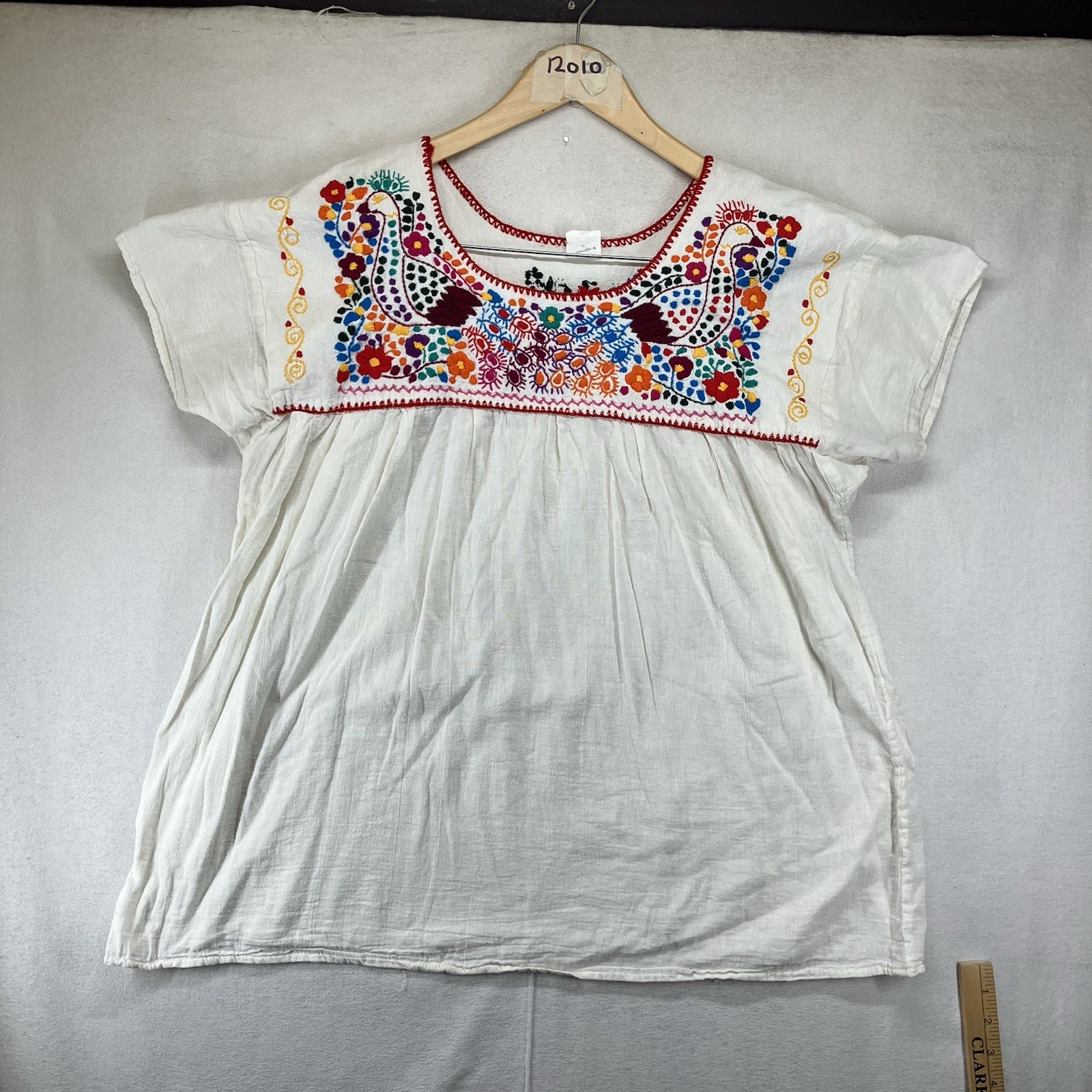 Mexican Oaxacan Boho Hand Embroidered Birds XL Tunic Shirt Peasant Top Ivory