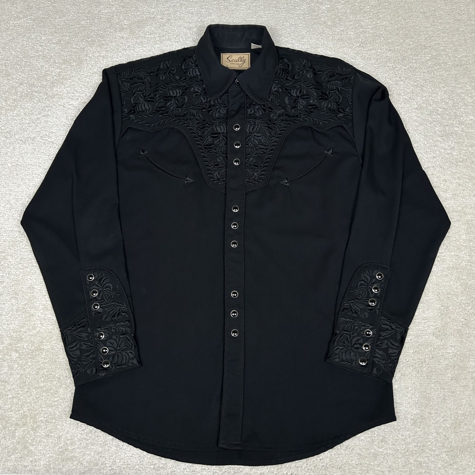 Scully Shirt Mens Small Black Floral Embroidered Pearl Snap Western Cowboy Rodeo