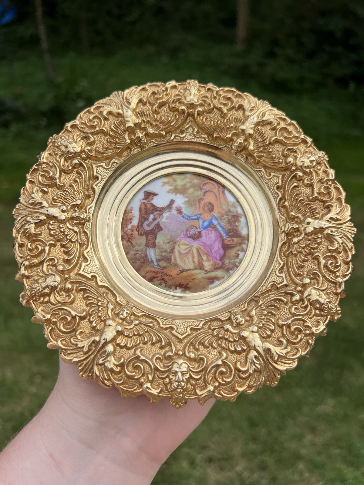 VTG French Rococo Hallmarked Brass Limoges Porcelain Signed Cameo Wall Plaque VTG French Rococo Hallmarked Brass Limoges Porcelain Signed Cameo Wall Plaque