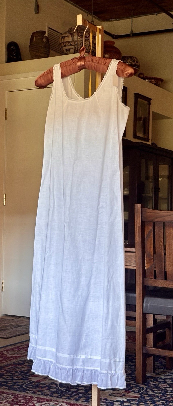 Antique 1910 - 1920s Vintage Slip Dress White Cotton Nightgown W Embroidery L 36