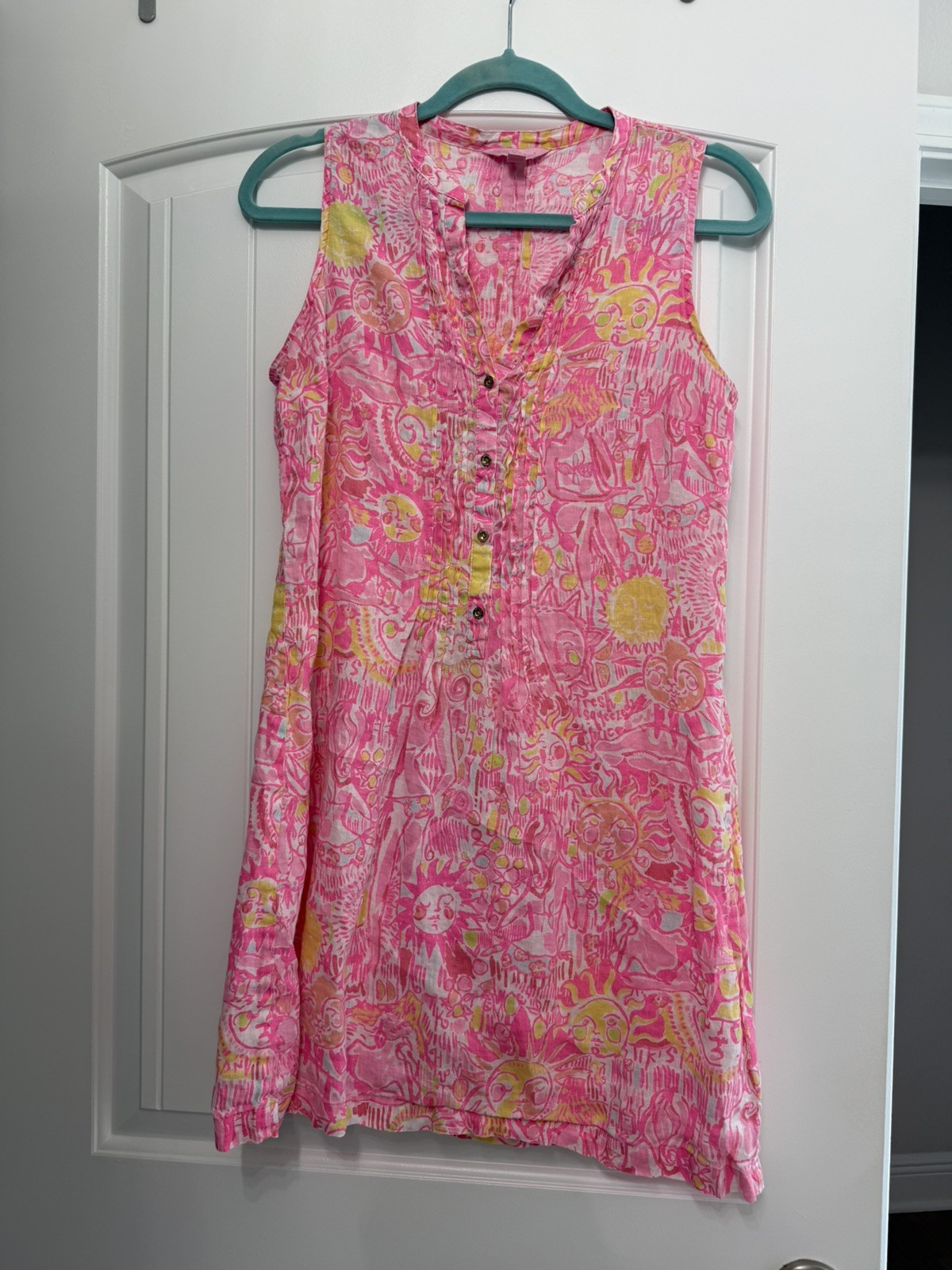 Lilly Pulitzer Pink Linen Sleeveless Shift Dress Size S Button Front Floral