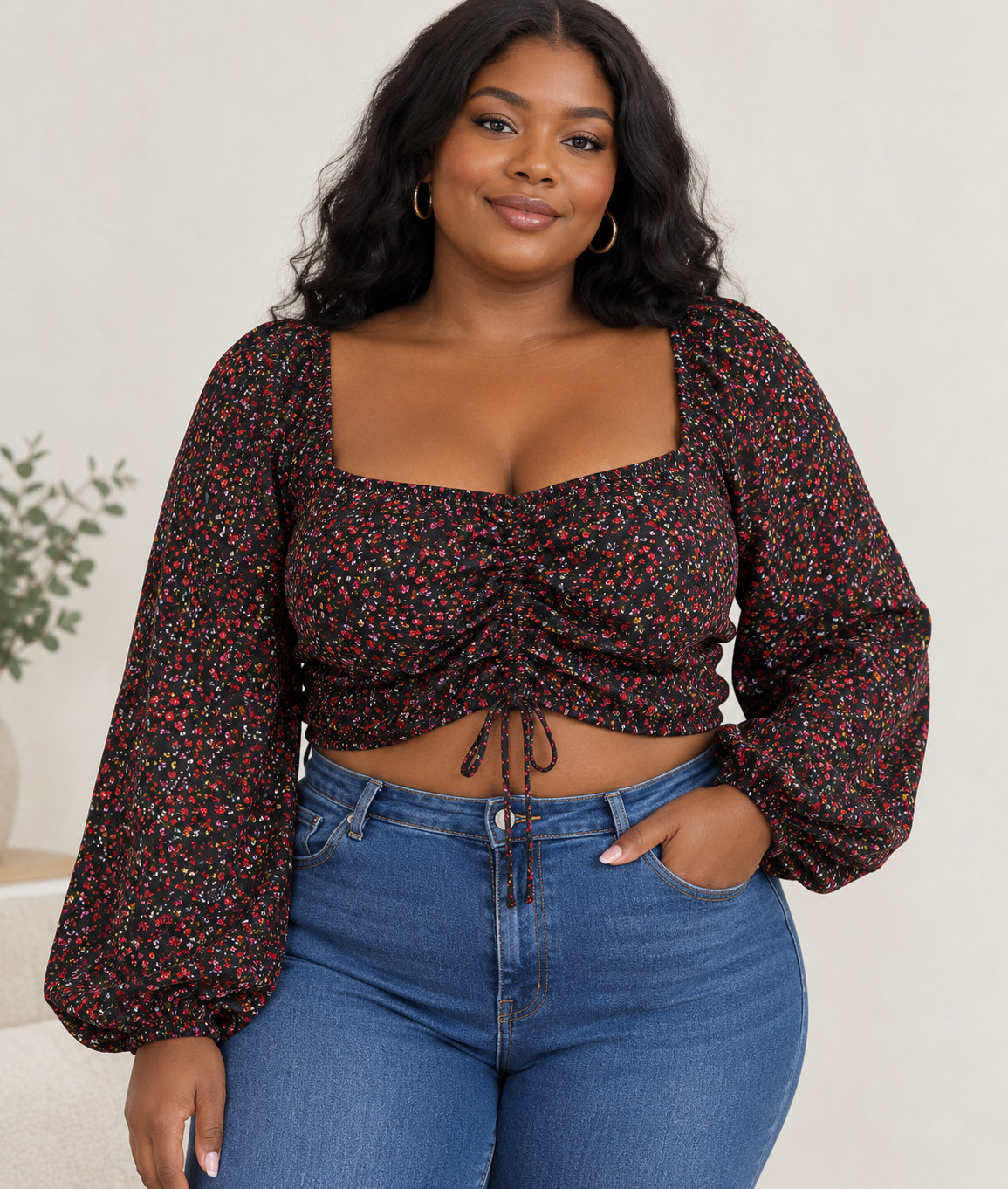 NWT H&M Floral Drawstring Front Crop Top Blouse 3XL Plus Size