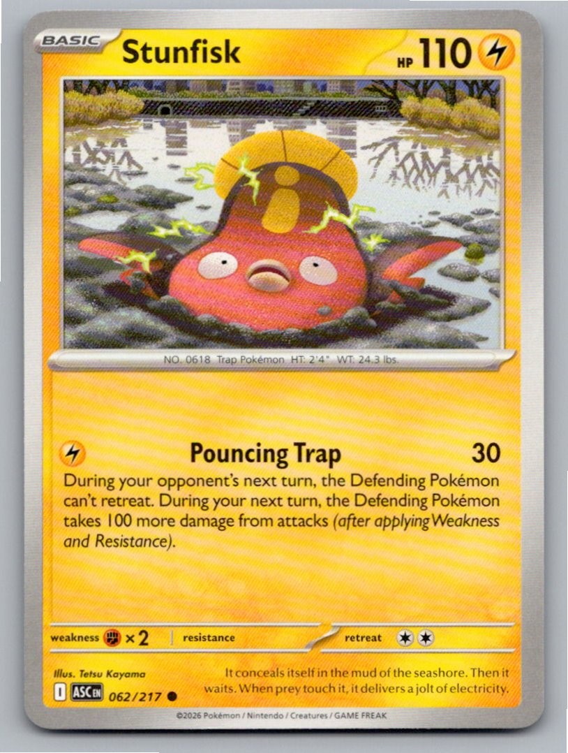 2026 POKEMON STUNFISK ASCENDED HEROES 062/217 COMMON NM A22230 FREE S&H 2026 POKEMON STUNFISK ASCENDED HEROES 062/217 COMMON NM A22230 FREE S&H