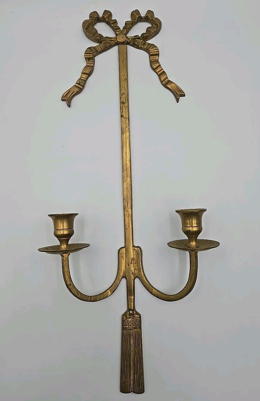 Vintage French Brass Candle Wall Sconces Bow And Tassels 19 Vintage French Brass Candle Wall Sconces Bow And Tassels 19