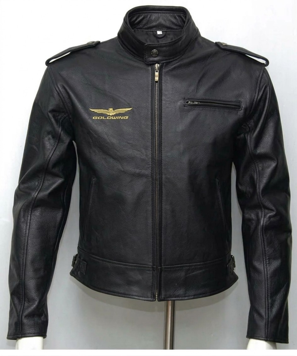 Biker Goldwing Black Genuine Cowhide Leather Bike Motorcycle Rider Men\'s Jacket