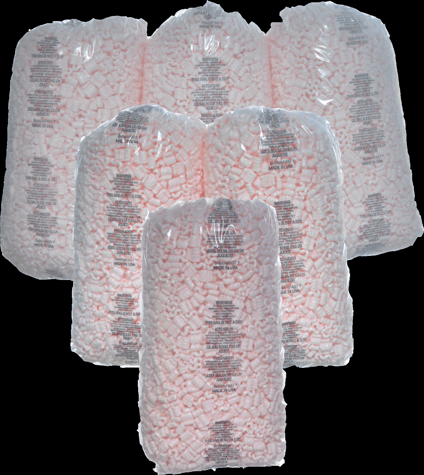 6 Bubblefast 21 cu. ft. (Six 3.5 cu ft bags) Pink Anti-Static Packing Peanuts 6 Bubblefast 21 cu. ft. (Six 3.5 cu ft bags) Pink Anti-Static Packing Peanuts