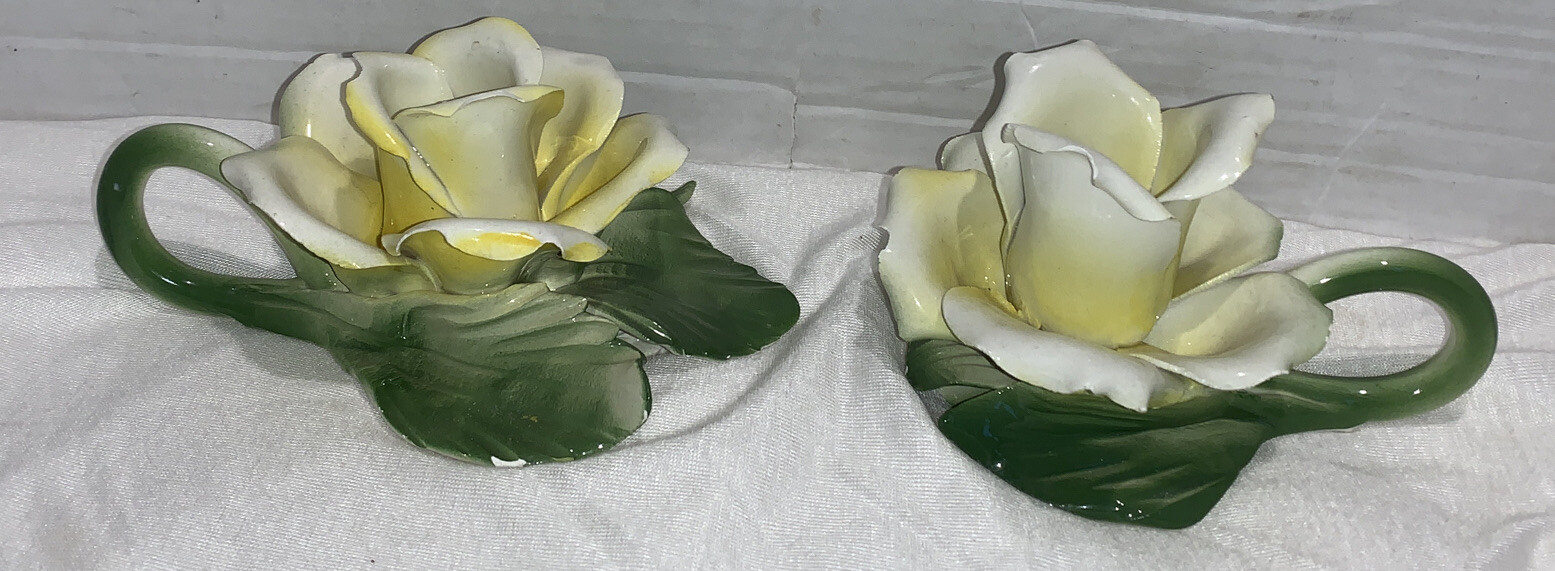 Vintage Porcelain PAIR YELLOW ROSE Flower Candle Holders CAPODIMONTE Ancora Vintage Porcelain PAIR YELLOW ROSE Flower Candle Holders CAPODIMONTE Ancora