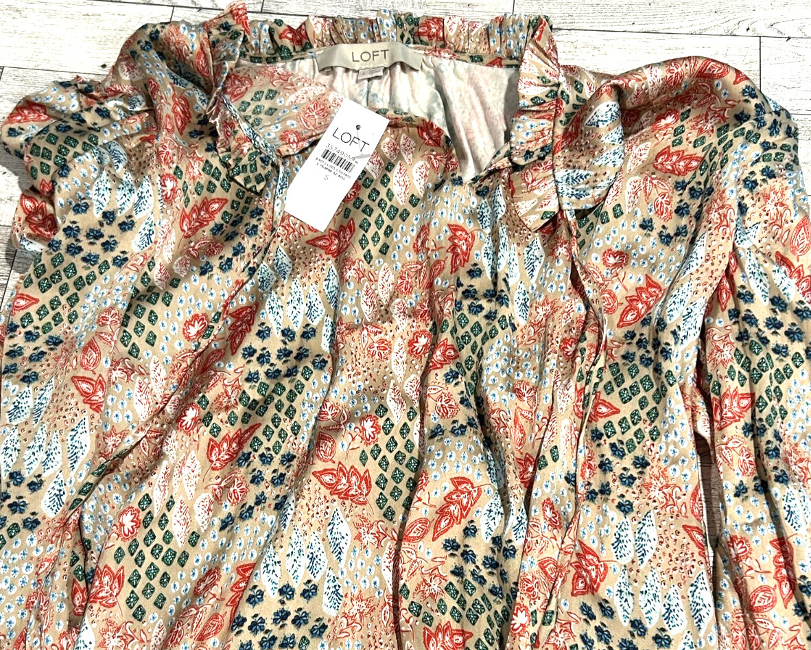 NWT LOFT Garden Cinched Sleeve Ruffle Tye Neck top blouse SMALL