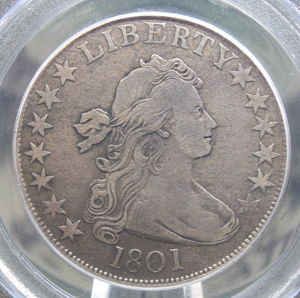 1801 Draped BUST Silver Half Dollar 50c PCGS VF20 #981 Very Fine ECC&C, Inc. 1801 Draped BUST Silver Half Dollar 50c PCGS VF20 #981 Very Fine ECC&C, Inc.