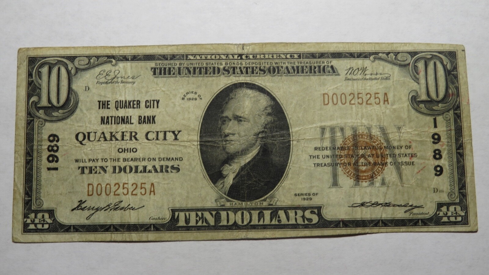 $10 1929 Quaker City Ohio OH National Currency Bank Note Bill Ch. #1989 FINE $10 1929 Quaker City Ohio OH National Currency Bank Note Bill Ch. #1989 FINE