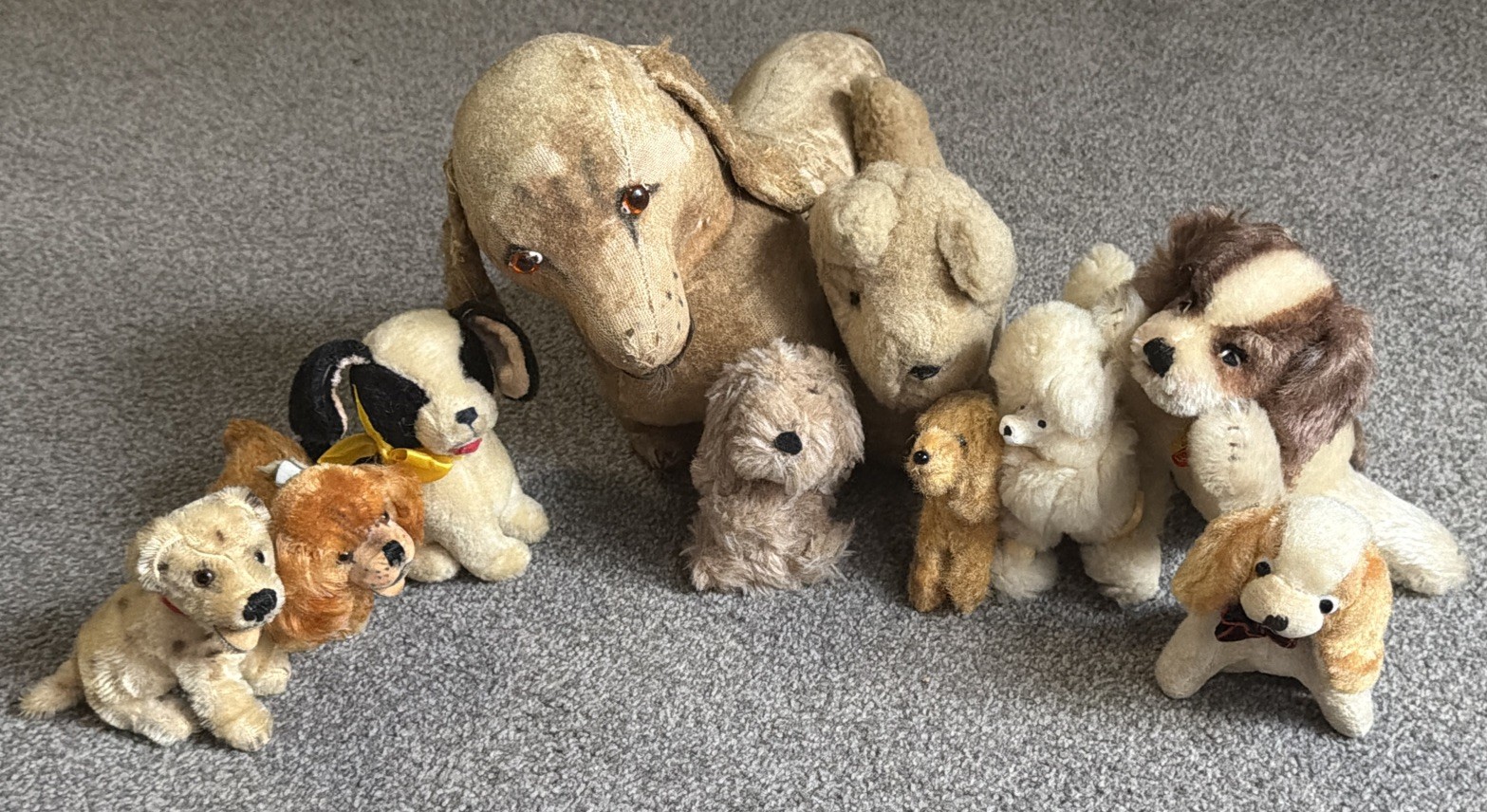 Lot 10 VTG Some Steiff Mohair / Plush Dogs Dalmatian, SpanielsPoodle 4-12” CUTE