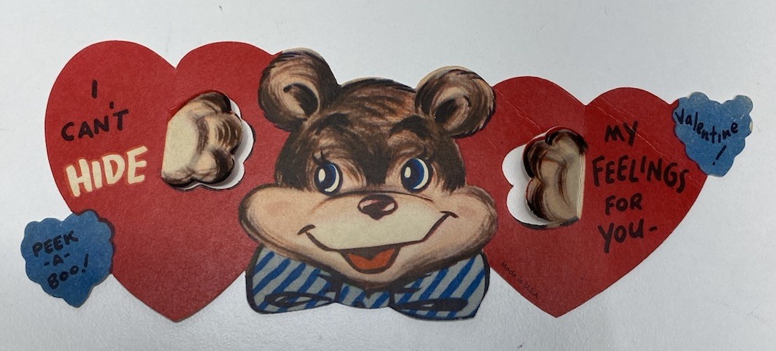 Vintage Mechanical Valentine Card Bear Red Hearts Peek-A-Boo Mid Century USA